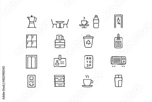 Office breakroom essentials icon set for corporate workspace design
