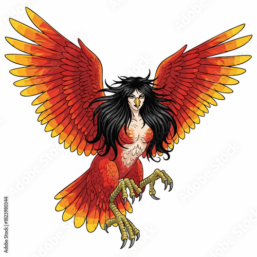 Mythological sirin creature with red and yellow plumage against white background. Sirin in flight, with features combining bird and human elements, provides unique depiction of legendary being.