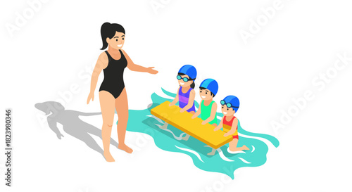 Swimming instructor teaching young children with kickboard in pool