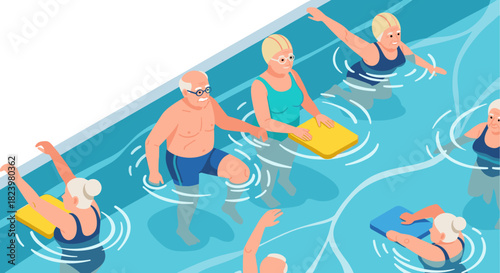 Senior aquatic exercise class in pool with elderly participants engaging in water aerobics for fitness and health