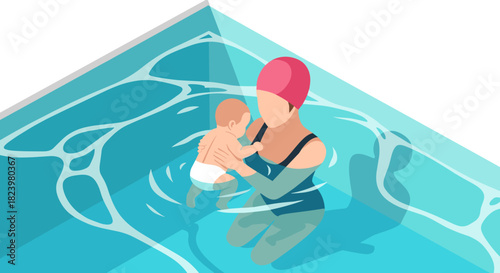 Mother and baby swimming lesson in pool - family bonding and water activities illustration for children's safety and recreation