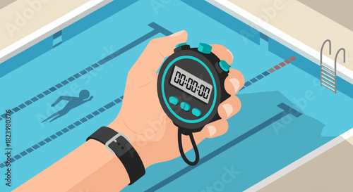 Swimming training and timing concept with stopwatch at poolside for sports coaching and competition preparation