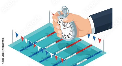 Swimming competition timing concept with stopwatch and pool lanes design