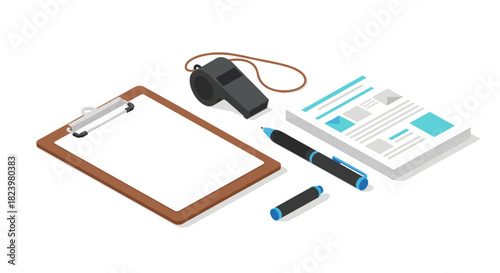 Office supply set with clipboard whistle and pen illustration for business design