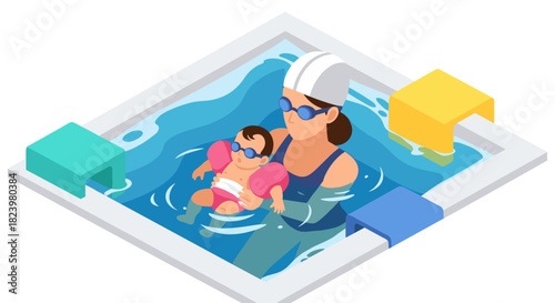 Relaxing pool time with mother and child in swimwear - family summer fun vector illustration
