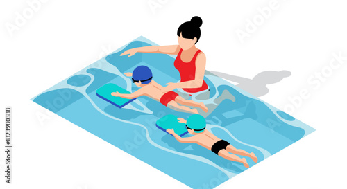 Swimming lesson with instructor and kids in pool illustration for education and training design