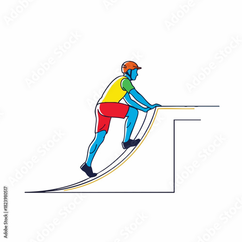 Parkour athlete climbs urban ramp for exercise. Parkour athlete demonstrates agility and strength to climb obstacle.