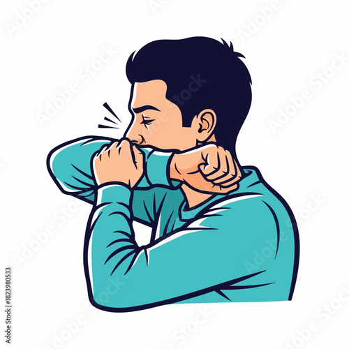 Young man coughs into his elbow, demonstrating proper cough etiquette during illness. Coughing into elbow helps prevent spread of germs, offering essential protection to nearby people.