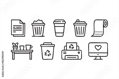 Office waste and coffee icon set for workplace and sustainability themes