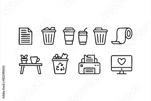Minimal workplace essentials symbols with trash bins and paper