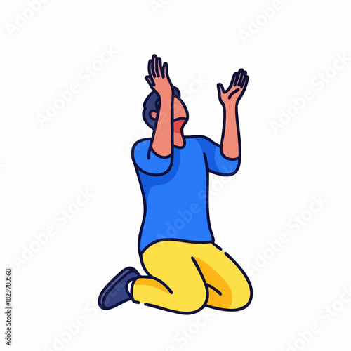 Man in prayer kneels with hands raised, symbolizing hope and spiritual connection, expressing earnest supplication. Man in prayer seeks solace and guidance through faith and devotion.