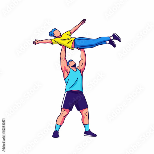 Man lifting person shows strength and support in colorful illustration. Lifting person high up symbolizes teamwork and trust, showcasing muscular physique.
