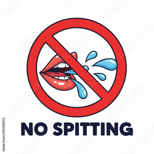No spitting illustration featuring open mouth and water drops inside circle with a bar, no spitting is important. No spitting depiction for health concerns and restrictions about spitting.