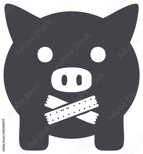 Dark gray piggy bank icon with tape covering mouth, financial censorship