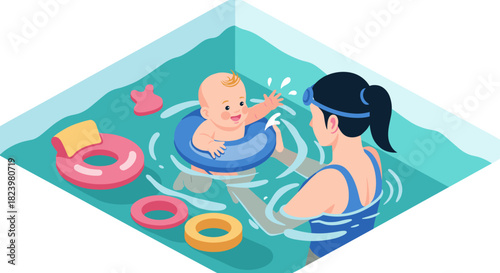 Baby swimming lesson with parent in pool scene for family bonding and water safety concept