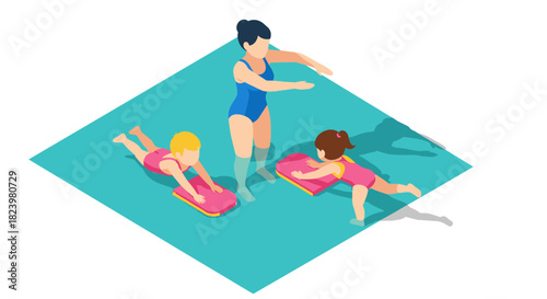 Swimming lesson for children with swim instructor in pool - concept of water safety and learning to swim