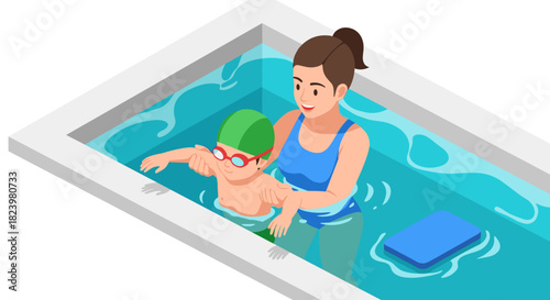 Swimming lesson in pool with instructor helping child in goggles and cap