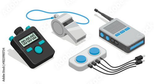 Sports equipment icons with stopwatch whistle and walkie talkie for fitness training and communication design