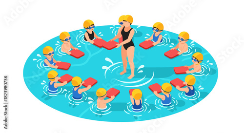 Swimming lessons for kids with instructor in pool - water safety and fun for children