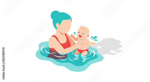 Mother and baby swimming fun - family bonding and playful water activity illustration