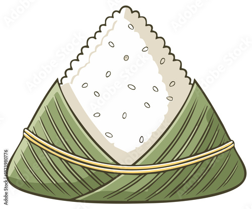 Cartoon illustration of traditional Asian dumpling wrapped in leaves, triangular rice cake