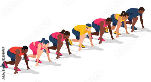 Diverse group of runners at starting line in competitive race illustration