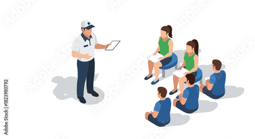 Isometric illustration of coach conducting team strategy meeting with players outside