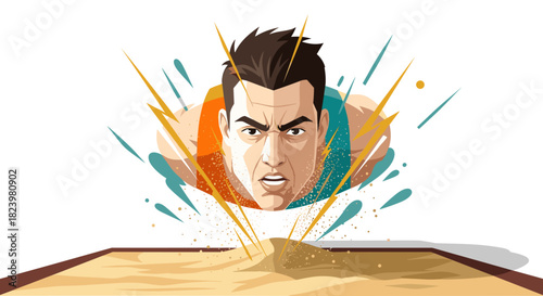 Intense athlete breaking through surface in dynamic explosion for sports poster design