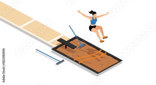 Athletic woman competing in long jump event with sand pit and equipment for sports design
