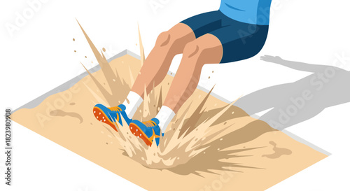 Athlete long jumping into sand pit with dynamic splash effect for sports event design