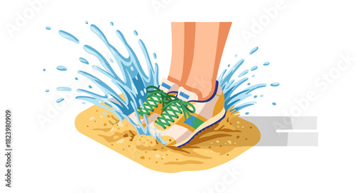 Splashing puddle fun with sneakers and water on a rainy day – perfect for posters, cards, and youthful designs