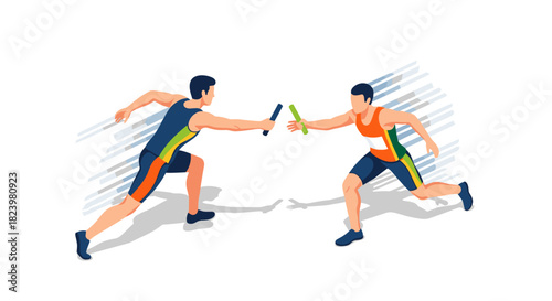 Dynamic relay race illustration featuring two athletes passing the baton in action for sport event designs