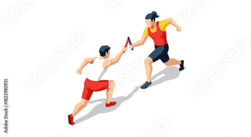 Relay race athletes in action passing baton - sport competition vector illustration