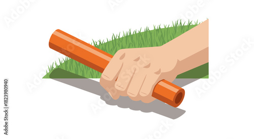 Hand holding baton for relay race concept with grass background
