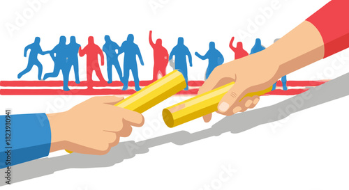 Collaborative teamwork relay race concept with passing baton for sports and leadership