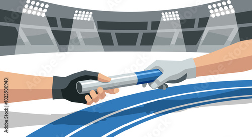 Relay race in stadium - teamwork and sportsmanship concept illustration for posters and prints