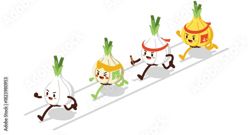 Vegetable race with cheerful onion characters competing in a fun run design
