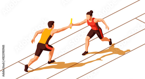 Relay race competition scene with runners passing baton in athletic track