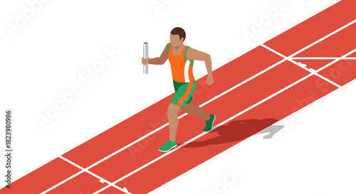 Athlete running on track with baton in relay race conceptual vector illustration