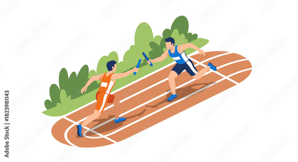 Naklejka premium Relay race concept with runners passing baton on track – sport and teamwork illustration