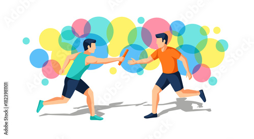 Teamwork and collaboration concept with two runners passing baton in abstract colorful design for motivation and inspiration