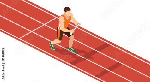 Isometric illustration of athlete running with baton on track for relay race and sports event poster