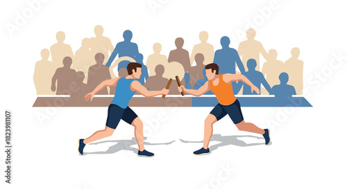 Competitive relay race sport with batons and dynamic crowd background for athletic event promotion