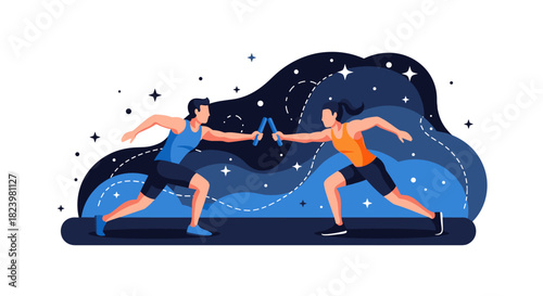 Dynamic fencing duel with athletic competitors in action for sports event design