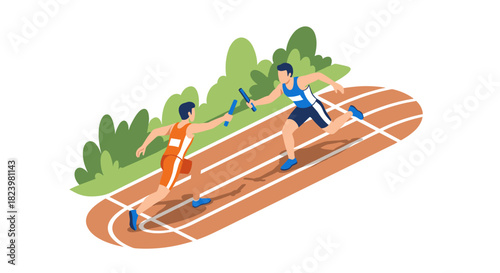 Relay race concept with runners passing baton on track – sport and teamwork illustration