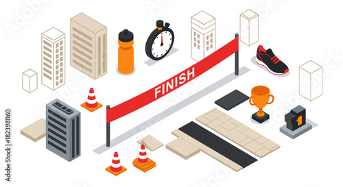 Running competition finish line concept with buildings, stopwatch, and trophy for sports event design