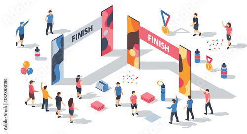 Colorful marathon finish line celebration with athletes and cheerful crowd illustration