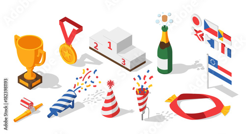 Celebration icons with trophy, medal, podium, flags, and party decorations for festive design
