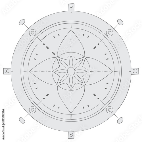 Circular Ship Wheel with Flower at Center and Outer Markings for Navigation or Direction