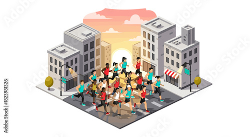 Urban marathon scene with runners at sunset in city street design for posters and promotions